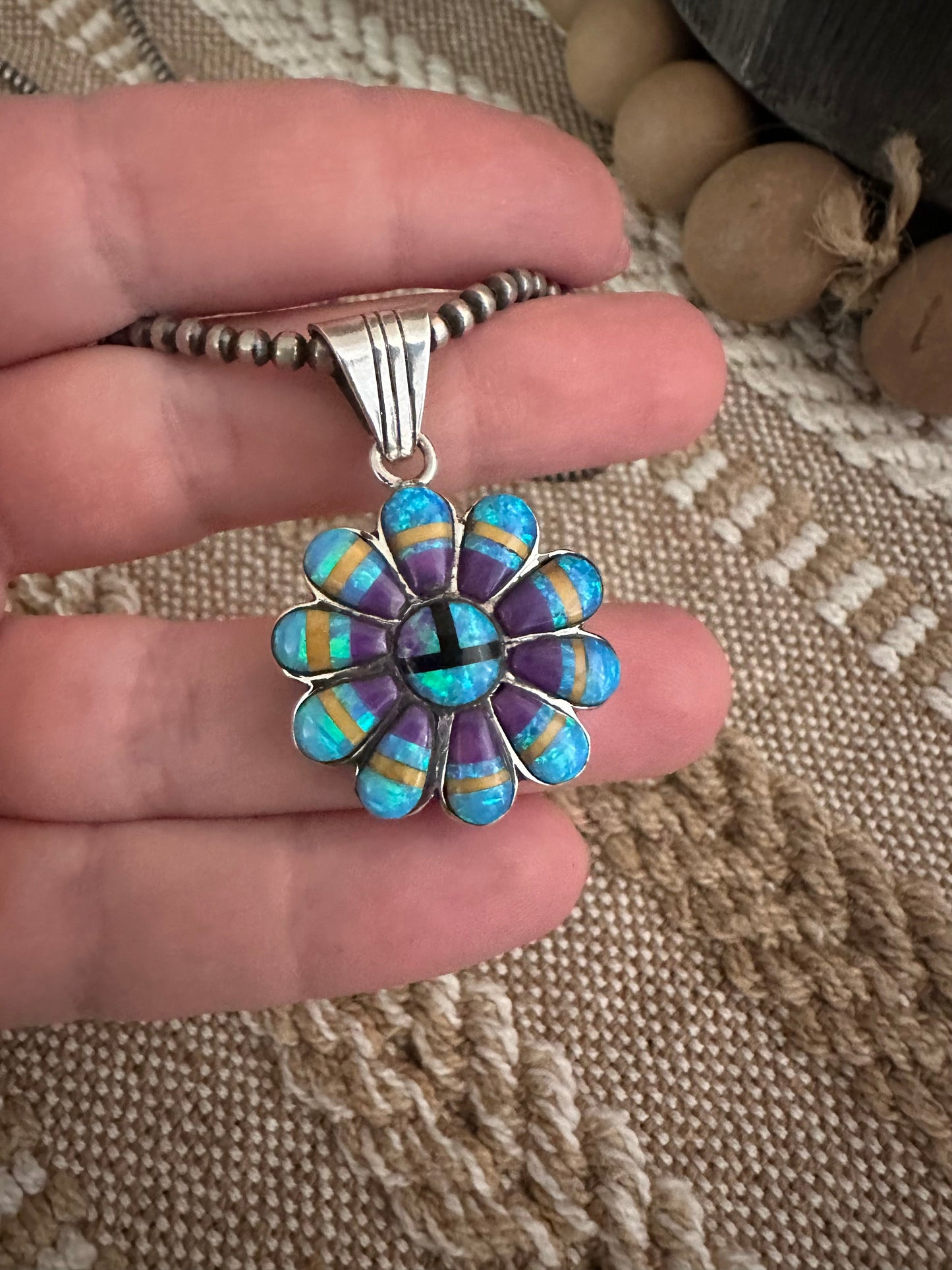 Gorgeous Handmade Sterling Silver & Multi Stone Inlay Sun Face Pendant