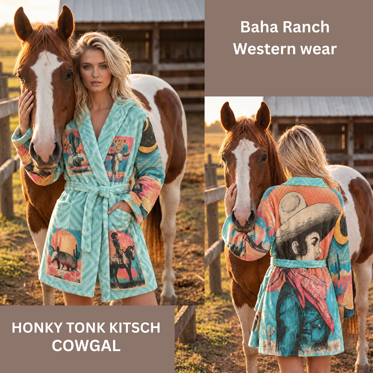 A woman wearing a colorful printed robe stands beside a brown and white horse in an outdoor ranch setting. The robe has a turquoise base with western-themed illustrations and text overlays reading 'Baha Ranch Western wear' and 'HONKY TONK KITSCH COWGAL.