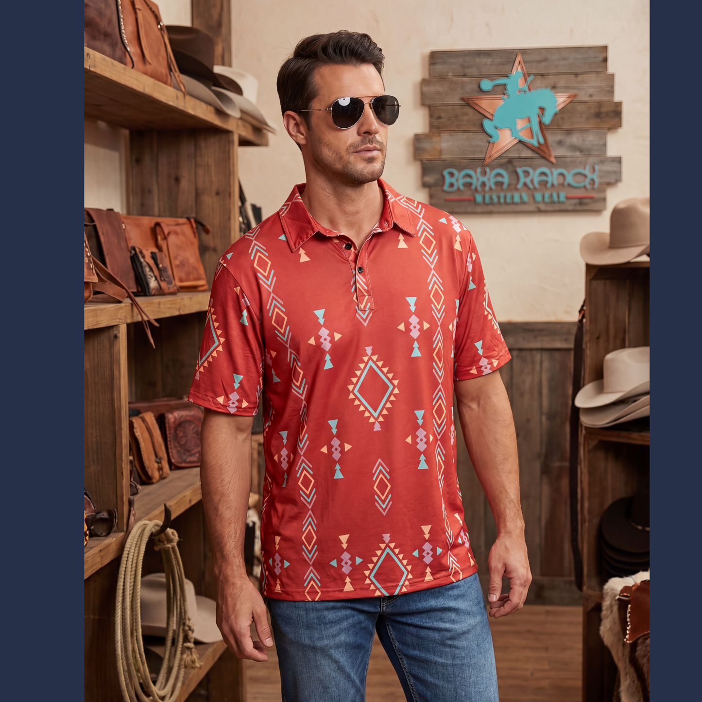 Baha Ranch Rust Brown Aztec men's Western Polo Shirt