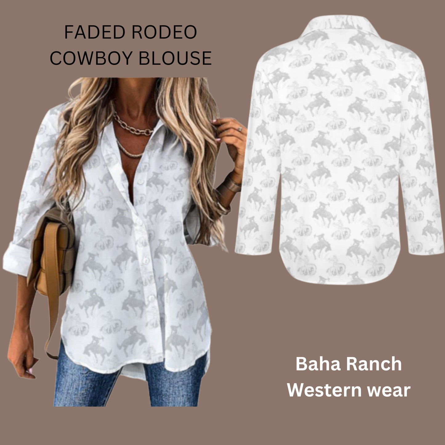 Baha Ranch Faded Rodeo Cowboy Western Button Up Blouse