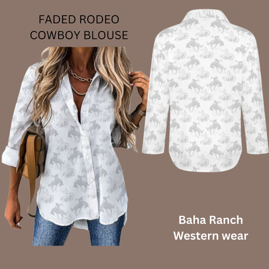 Baha Ranch Faded Rodeo Cowboy Western Button Up Blouse
