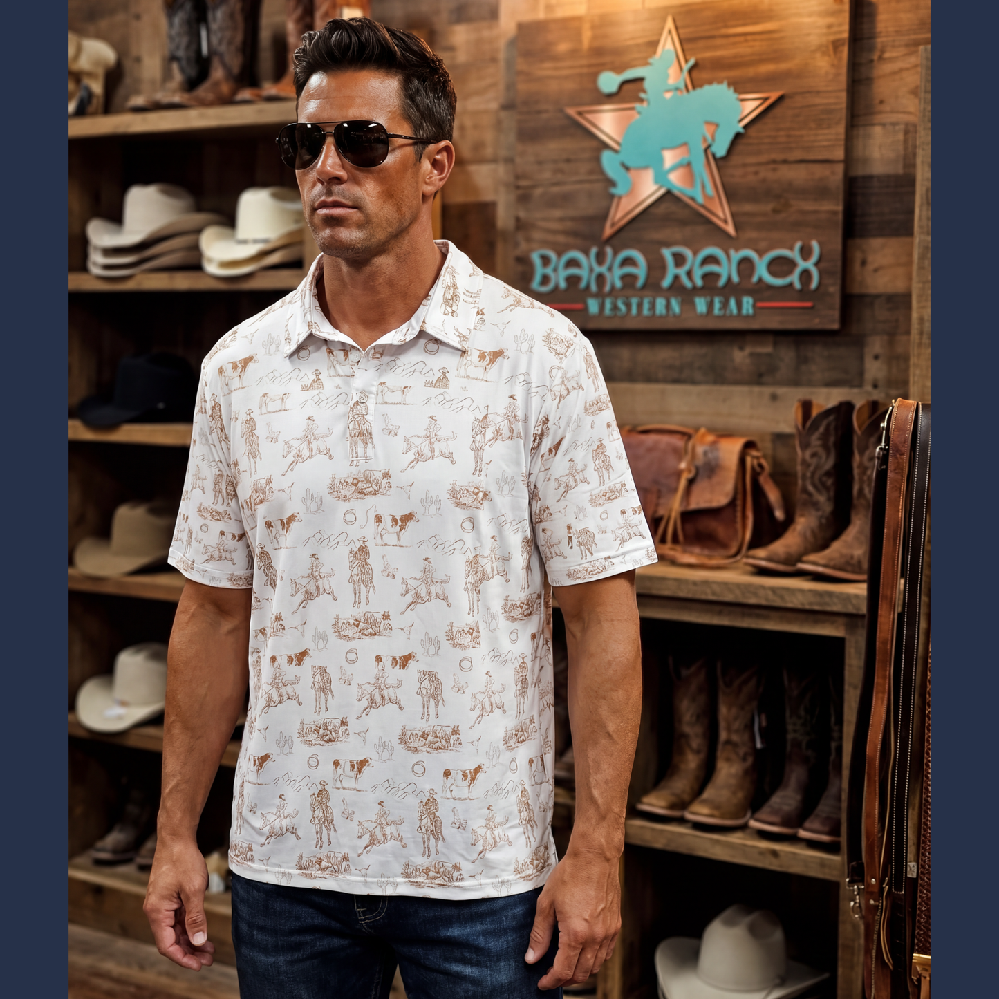 Baha Ranch Ranch Life Men's Western Polo Shirt with tan print