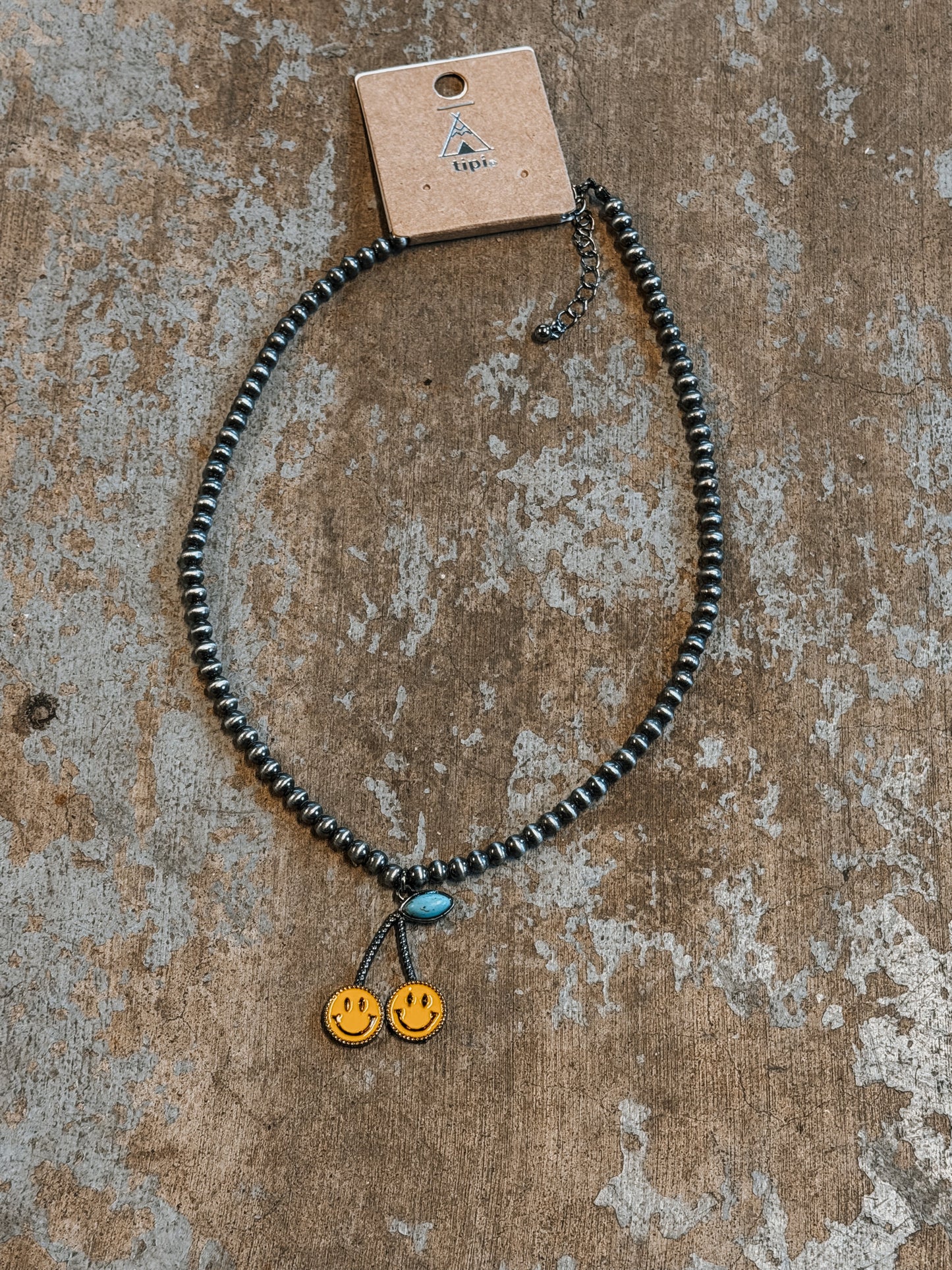 Smiley Charm Turquoise Accent Beaded Necklace – Western Boho Layering Piece