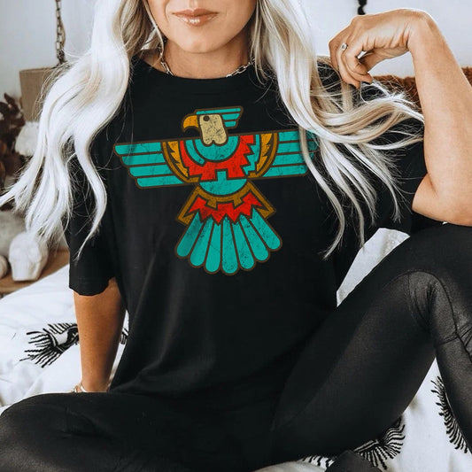 Turquoise Thunderbird Western Kids–Adult Gildan Black Shirt – Graphic Tee, Long Sleeve & Crewneck