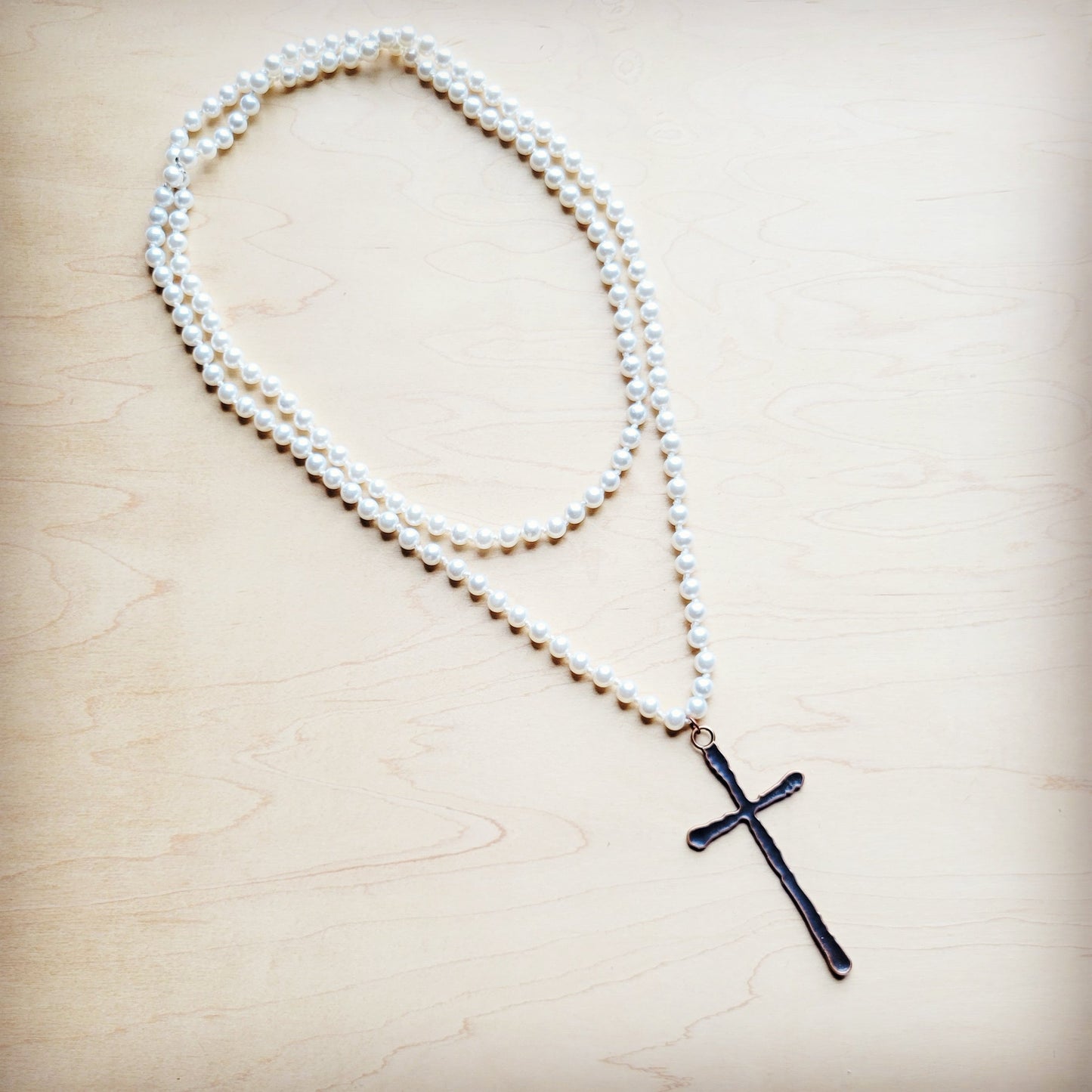 The Jewelry Junkie Extra Long Pearl Beaded Necklace w/ Copper Cross 260m