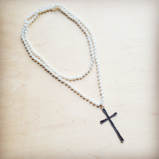 The Jewelry Junkie Extra Long Pearl Beaded Necklace w/ Copper Cross 260m