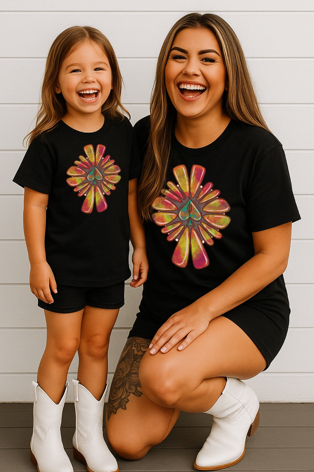 Neon Western Concho Mommy & Me Kids–Adult Gildan Black Shirt – Graphic Tee, Long Sleeve & Crewneck.