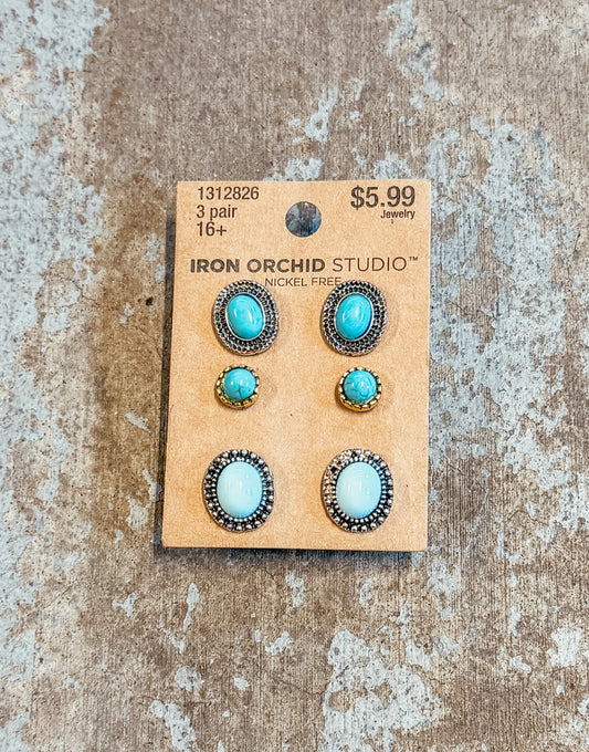 Turquoise Stud Earring Set (3 Pairs) – Western Silver & Gold Tone Studs