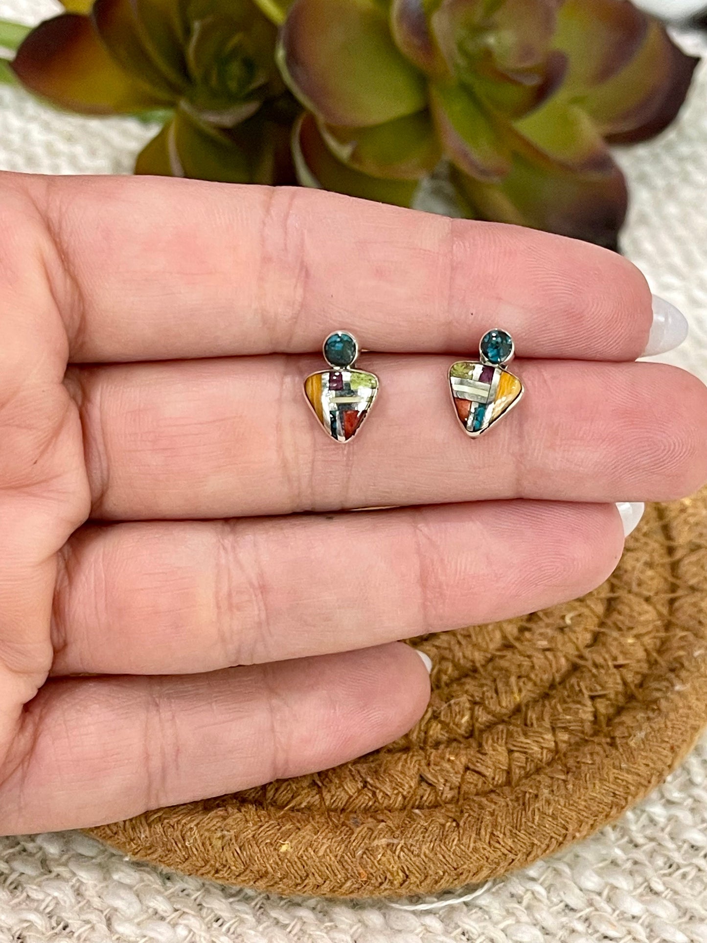 Beautiful Handmade Sterling Silver & Multi Stone Inlay Post Earrings