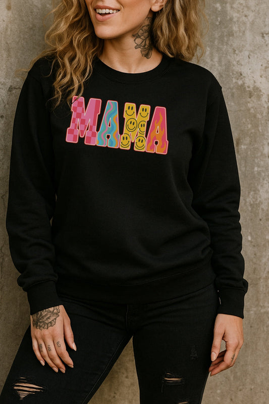 Retro Colorful Smiley MAMA Shirt – Graphic Tee, Long Sleeve & Crewneck