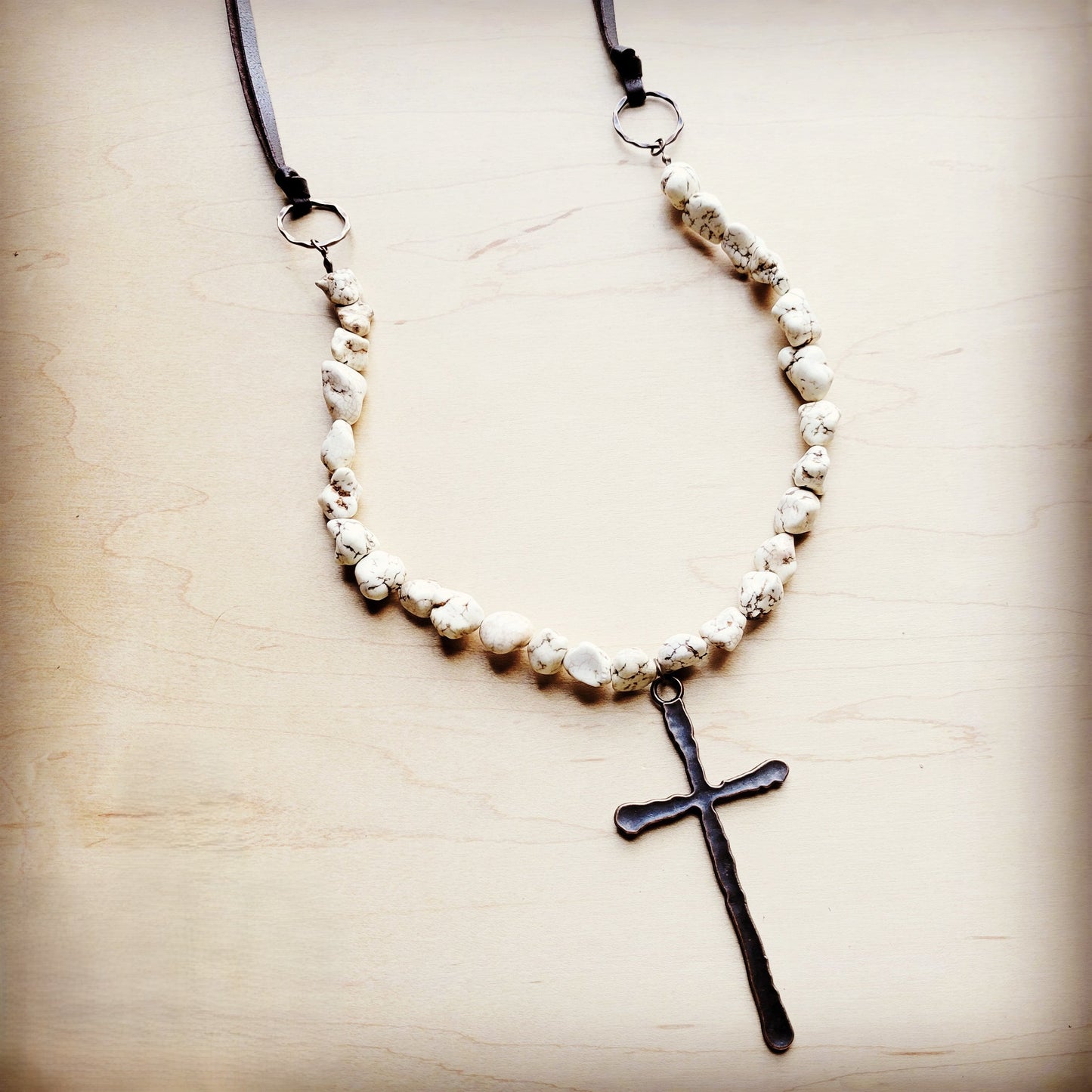 The Jewelry Junkie White Chunky Turquoise Necklace w/ Large Copper Cross 254g