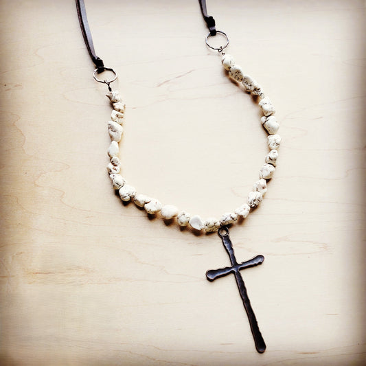 The Jewelry Junkie White Chunky Turquoise Necklace w/ Large Copper Cross 254g