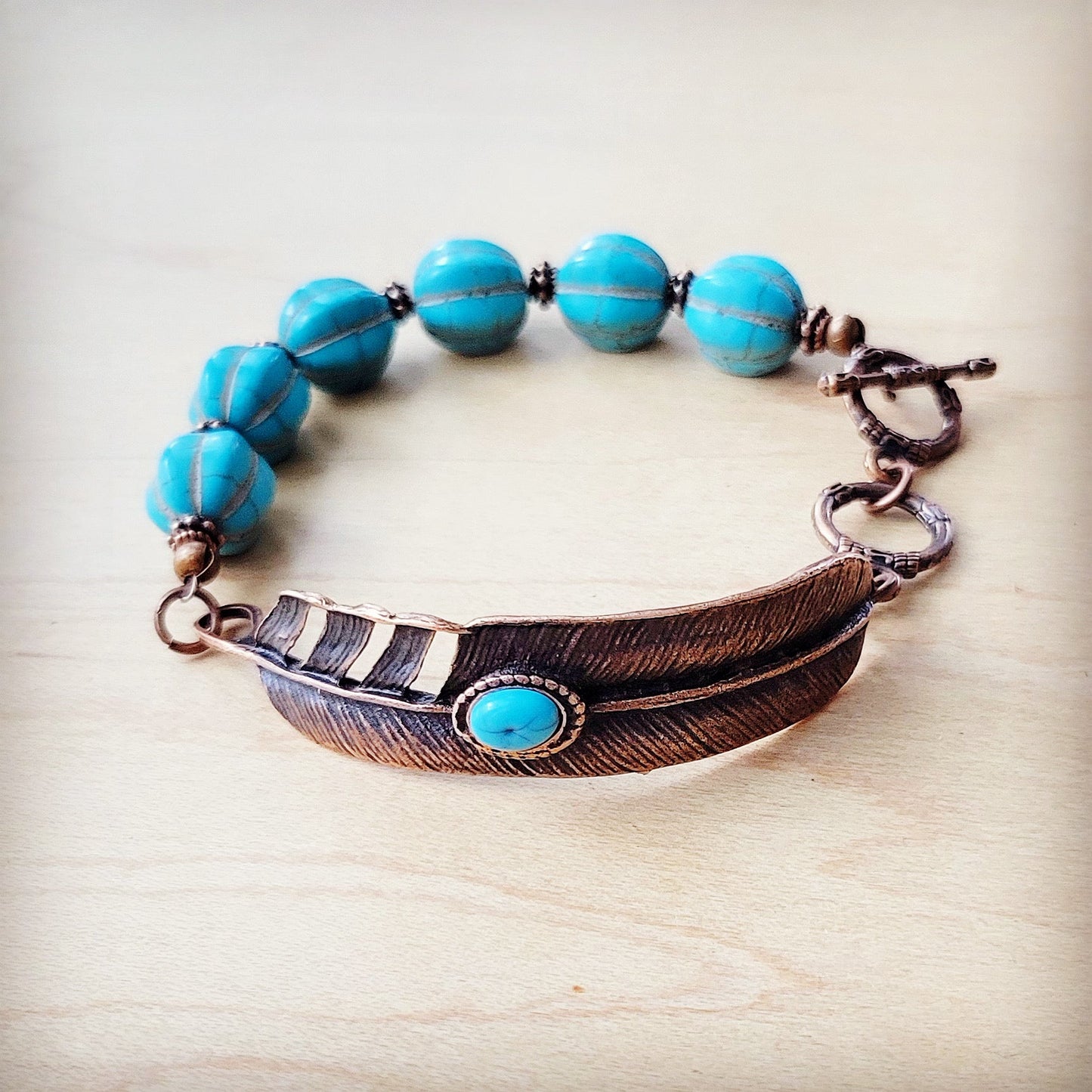 The Jewelry Junkie **Blue Melon Turquoise Beaded Bracelet on Copper Feather 810u