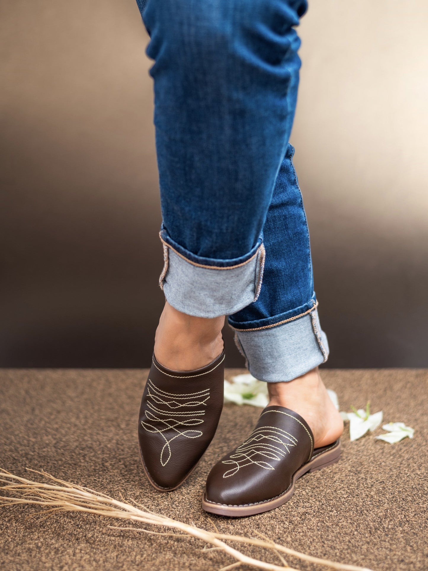 AVERY Brown Boot Stitch Cowgirl Western Mules Shoes