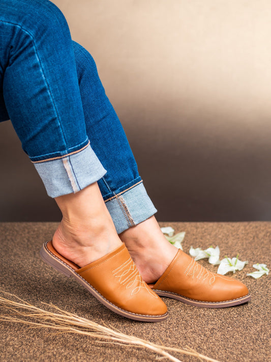 AVERY Tan Boot Stitch Western Mules Cowgirl Shoes
