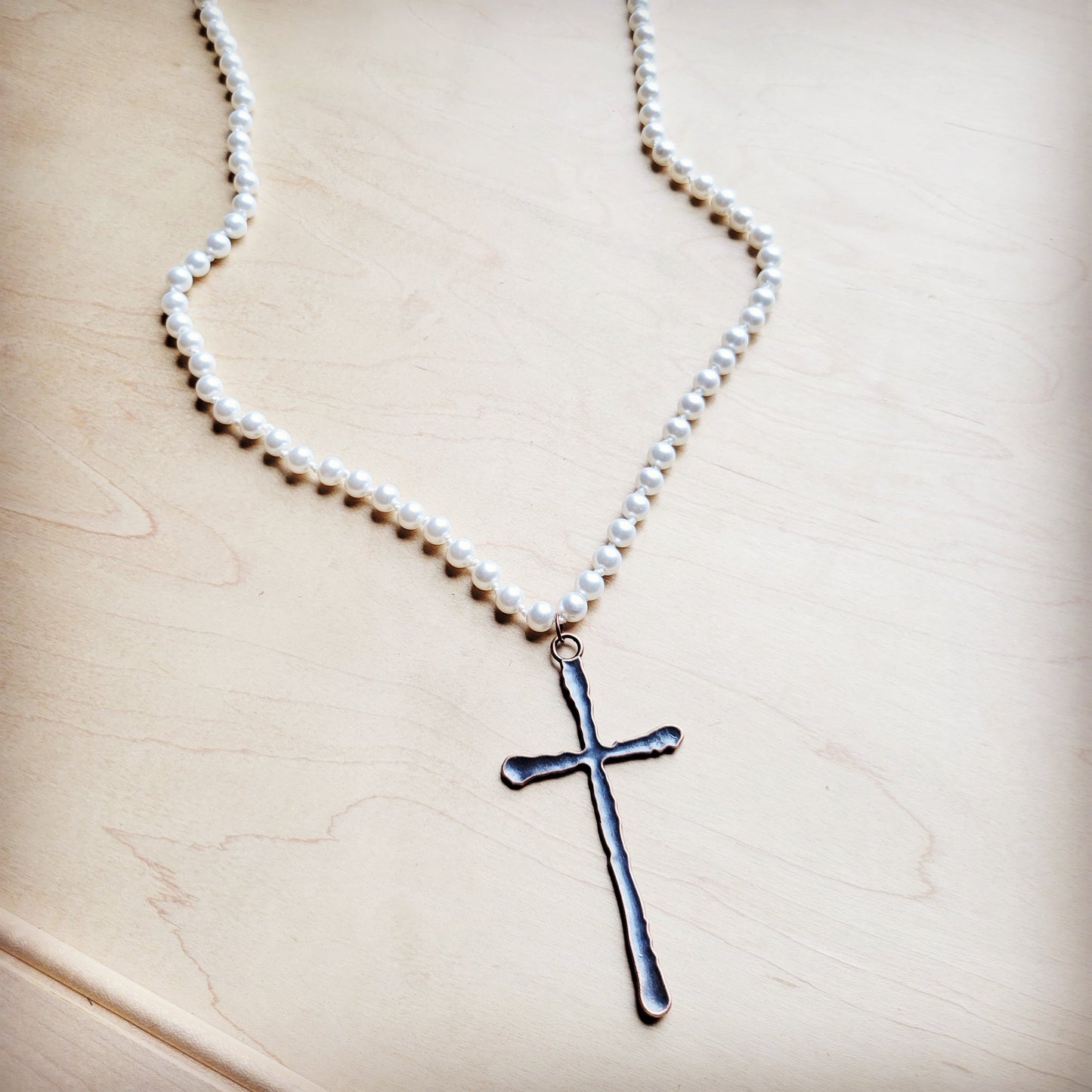 The Jewelry Junkie Extra Long Pearl Beaded Necklace w/ Copper Cross 260m