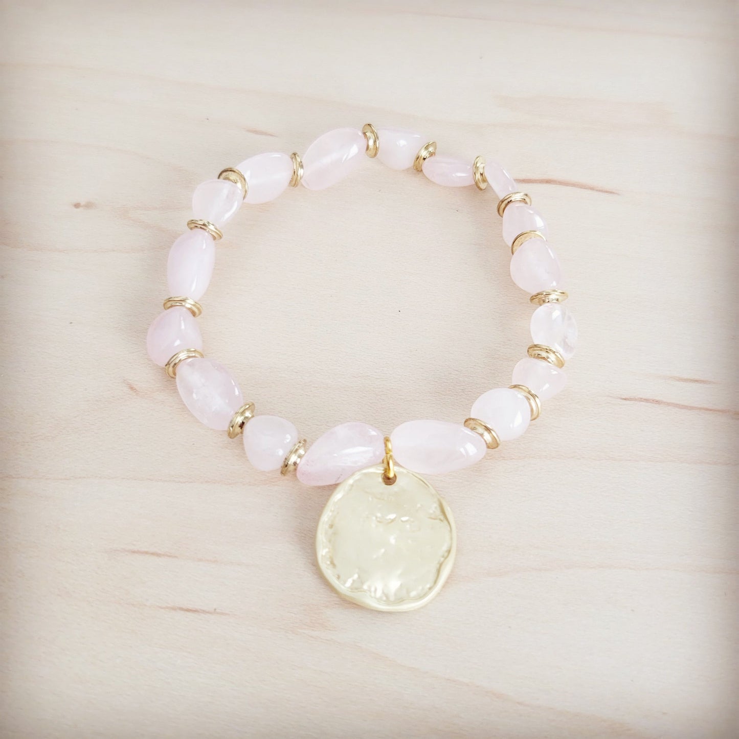 The Jewelry Junkie **Rose Quartz Beaded Stretch Bracelet w/ Gold Coin Charm 811u