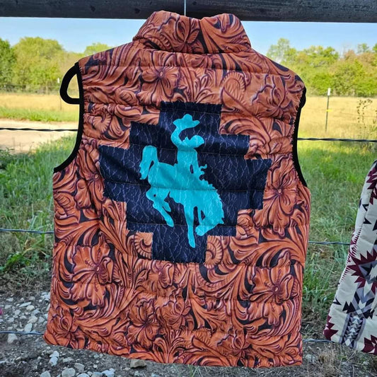 Broncs and Leather Print Women's Western Puffy Vest
