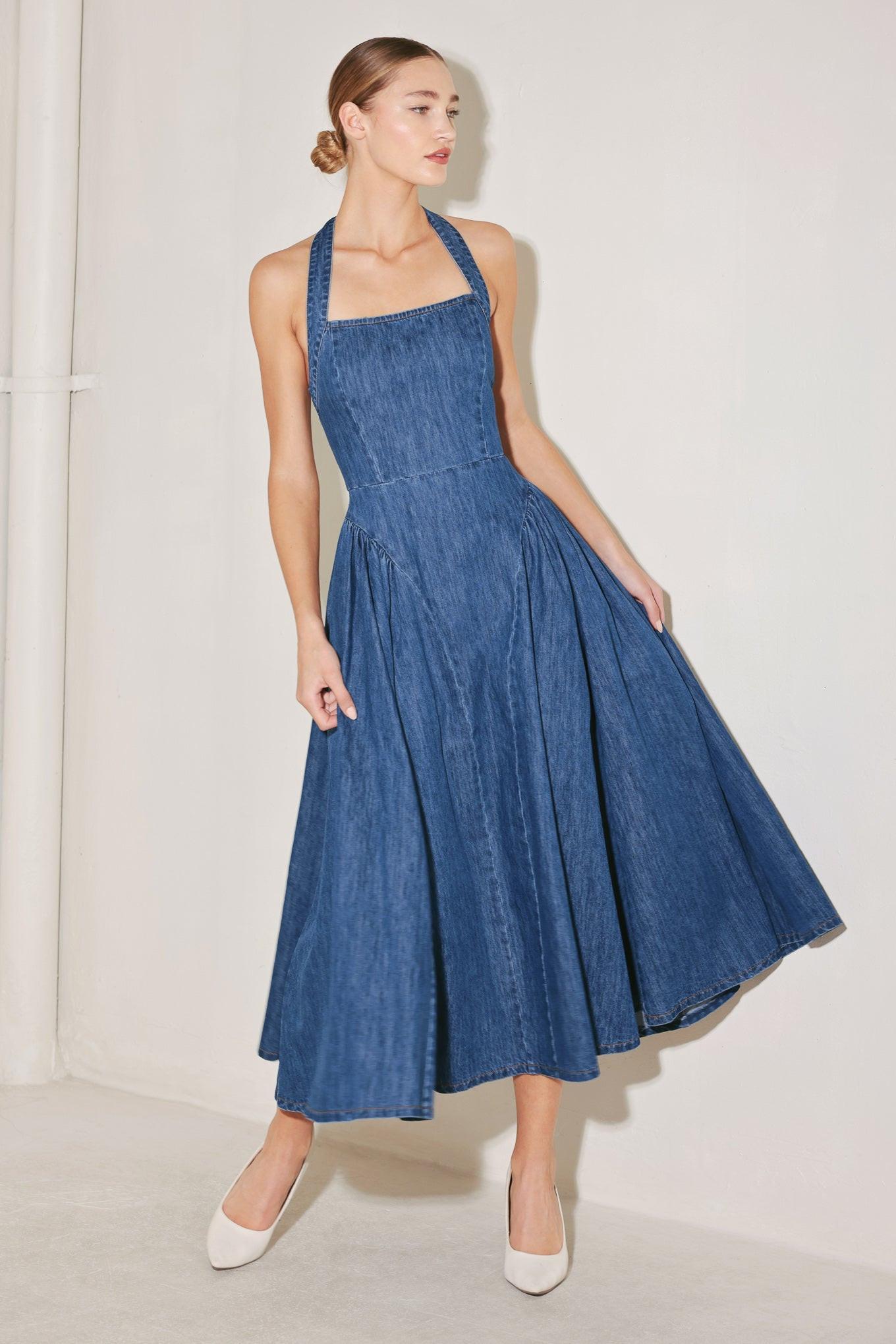 Flying Tomato American Summer Note Denim Midi Dress