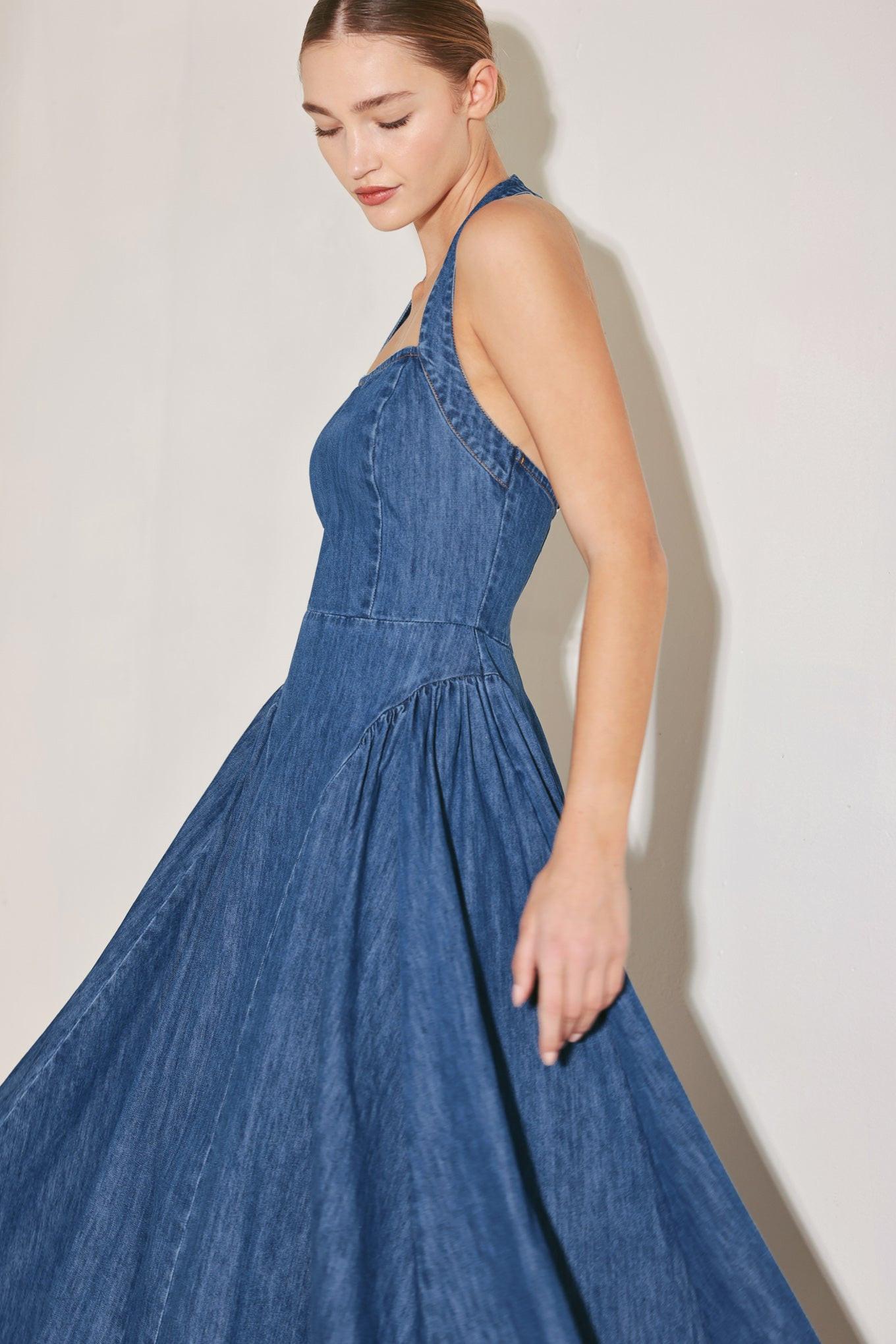 Flying Tomato American Summer Note Denim Midi Dress