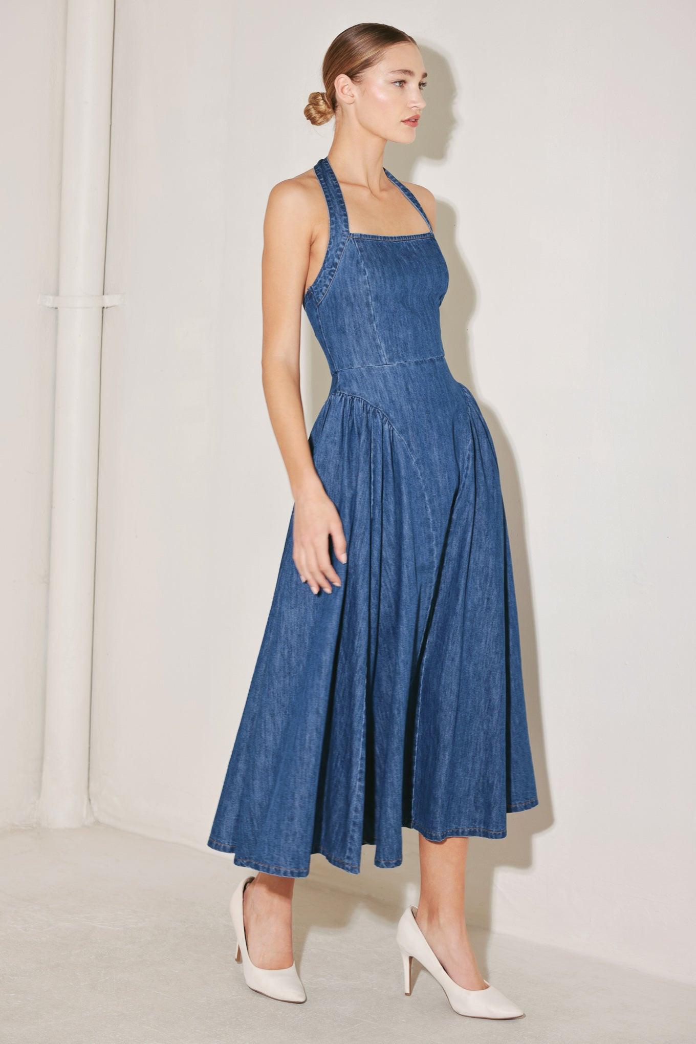 Flying Tomato American Summer Note Denim Midi Dress