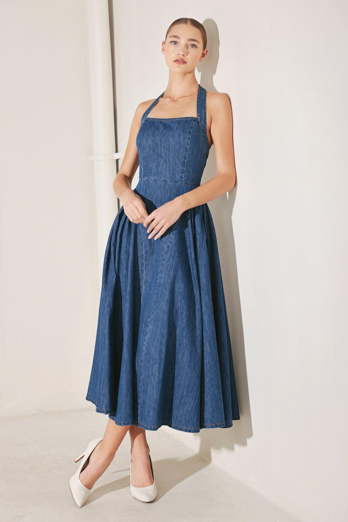 Flying Tomato American Summer Note Denim Midi Dress