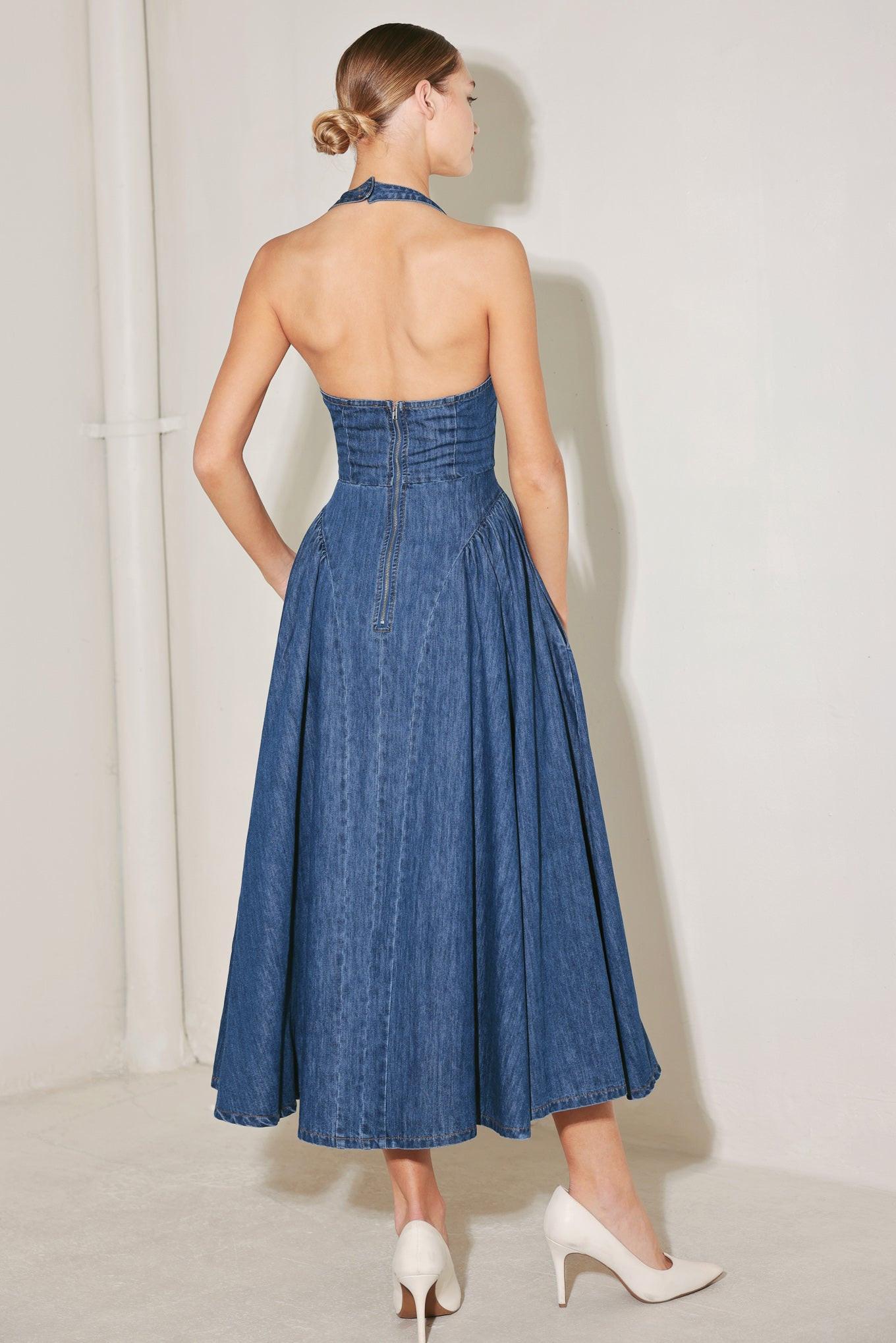 Flying Tomato American Summer Note Denim Midi Dress