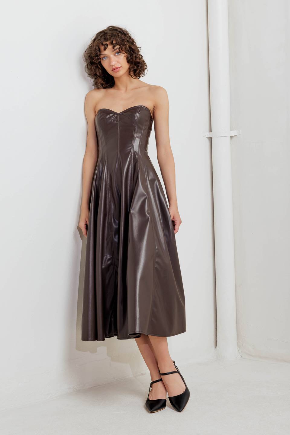 Flying Tomato Espresso Diva Faux Leather Midi Dress