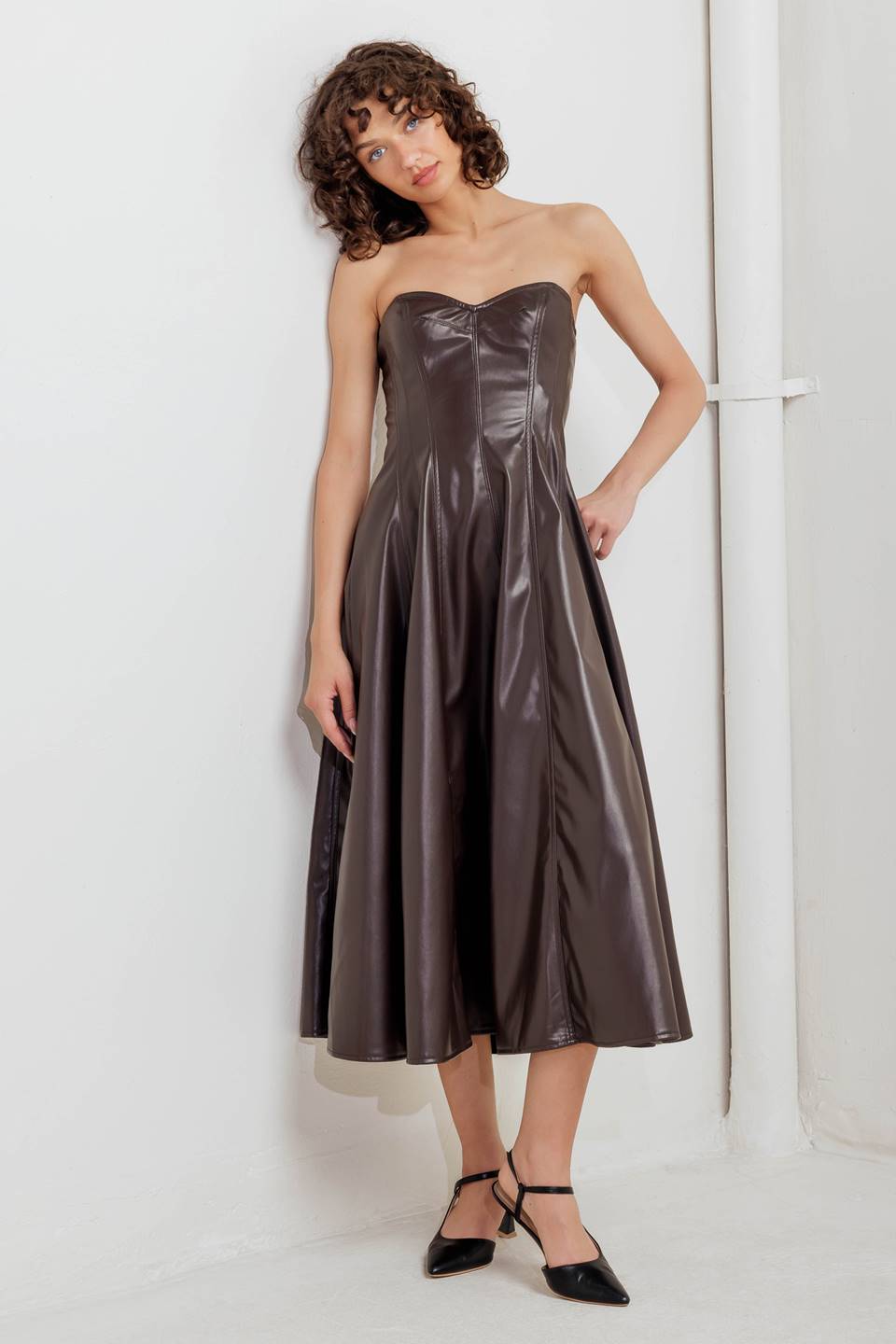 Flying Tomato Espresso Diva Faux Leather Midi Dress