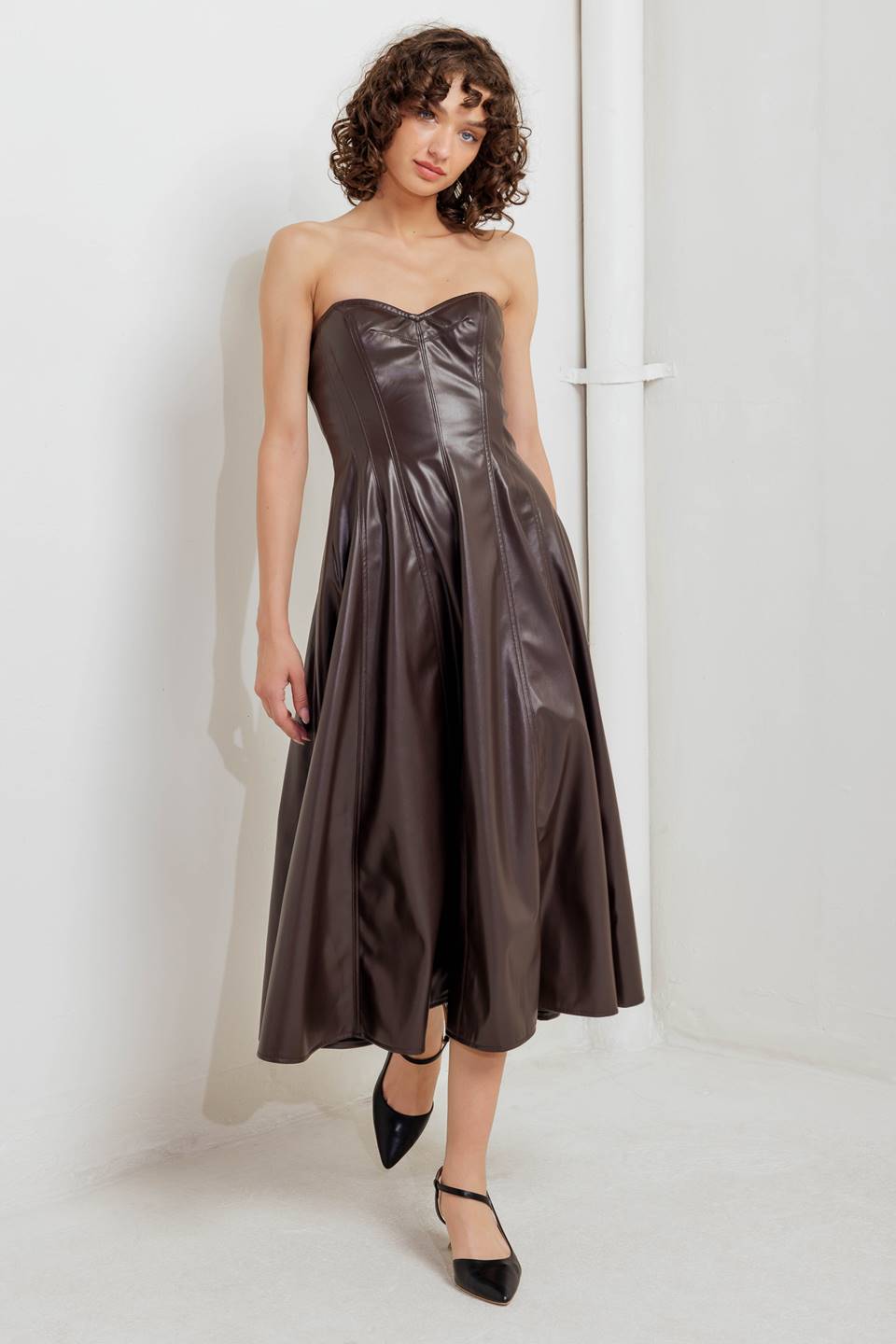 Flying Tomato Espresso Diva Faux Leather Midi Dress