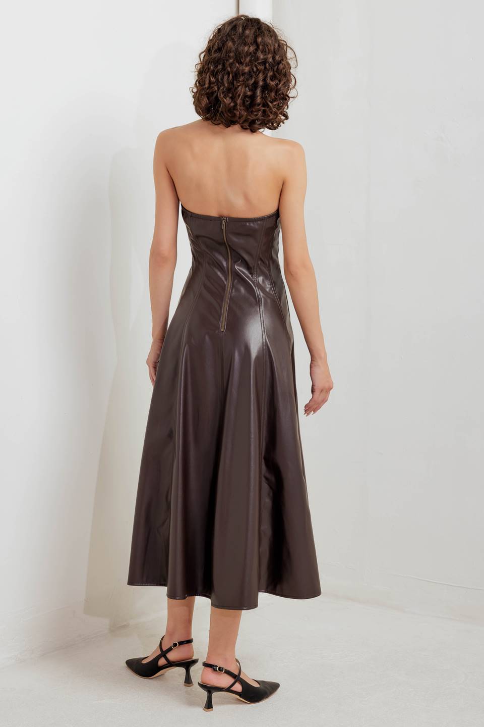 Flying Tomato Espresso Diva Faux Leather Midi Dress