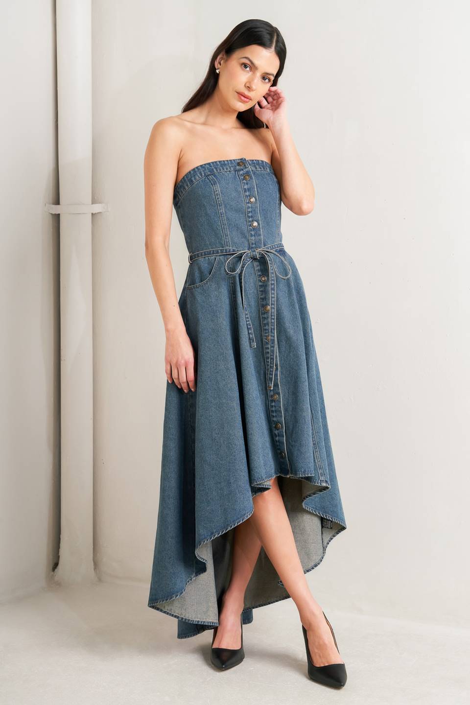 Flying Tomato Midnight Volume Denim Midi Dress