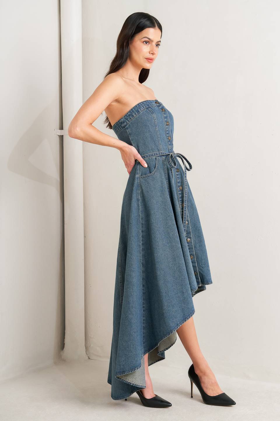 Flying Tomato Midnight Volume Denim Midi Dress
