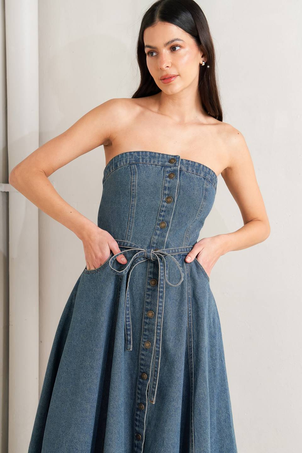Flying Tomato Midnight Volume Denim Midi Dress