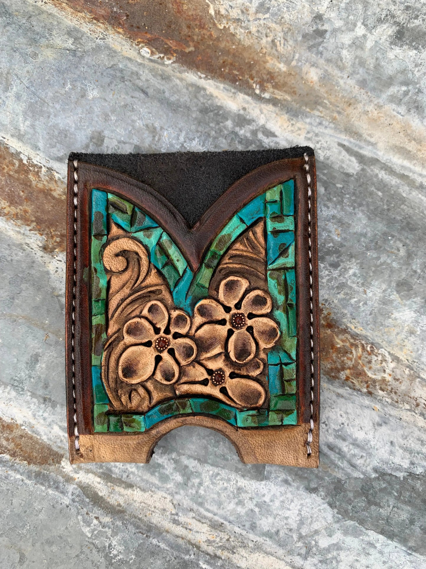 Front Pocket Hand Tooled Leather Wallet with Petite Flowers and Turquoise Border