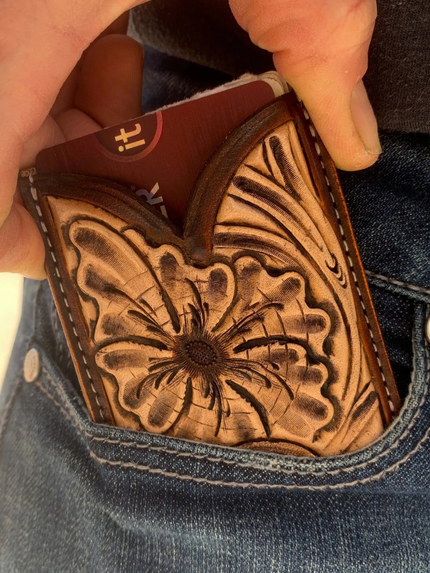 Front Pocket Hand Tooled Leather Wallet with a Sheridan Flower