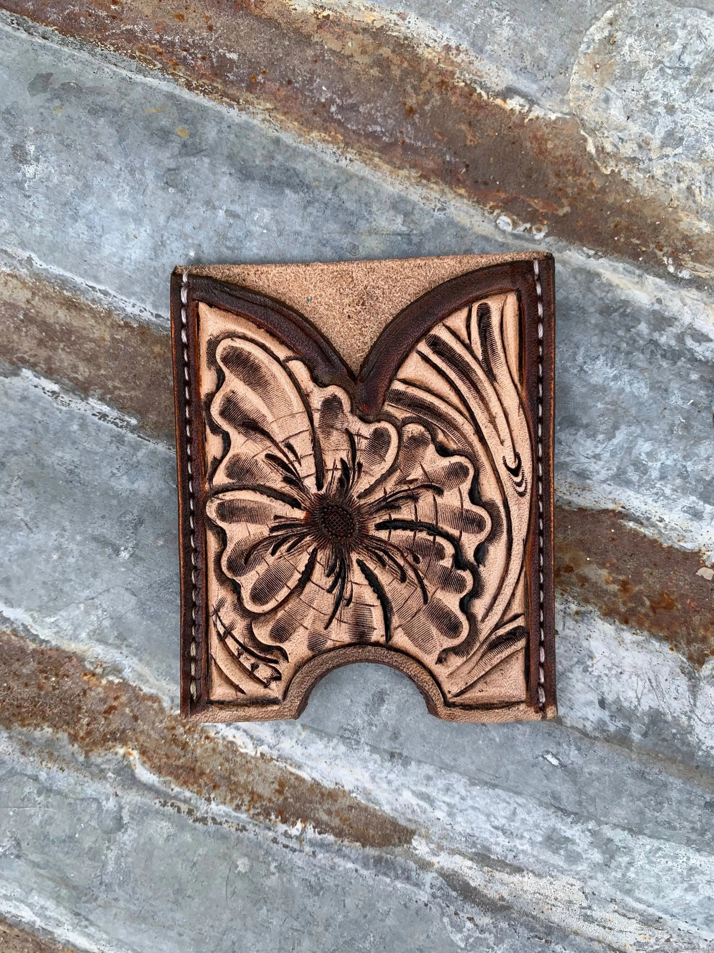 Front Pocket Hand Tooled Leather Wallet with a Sheridan Flower