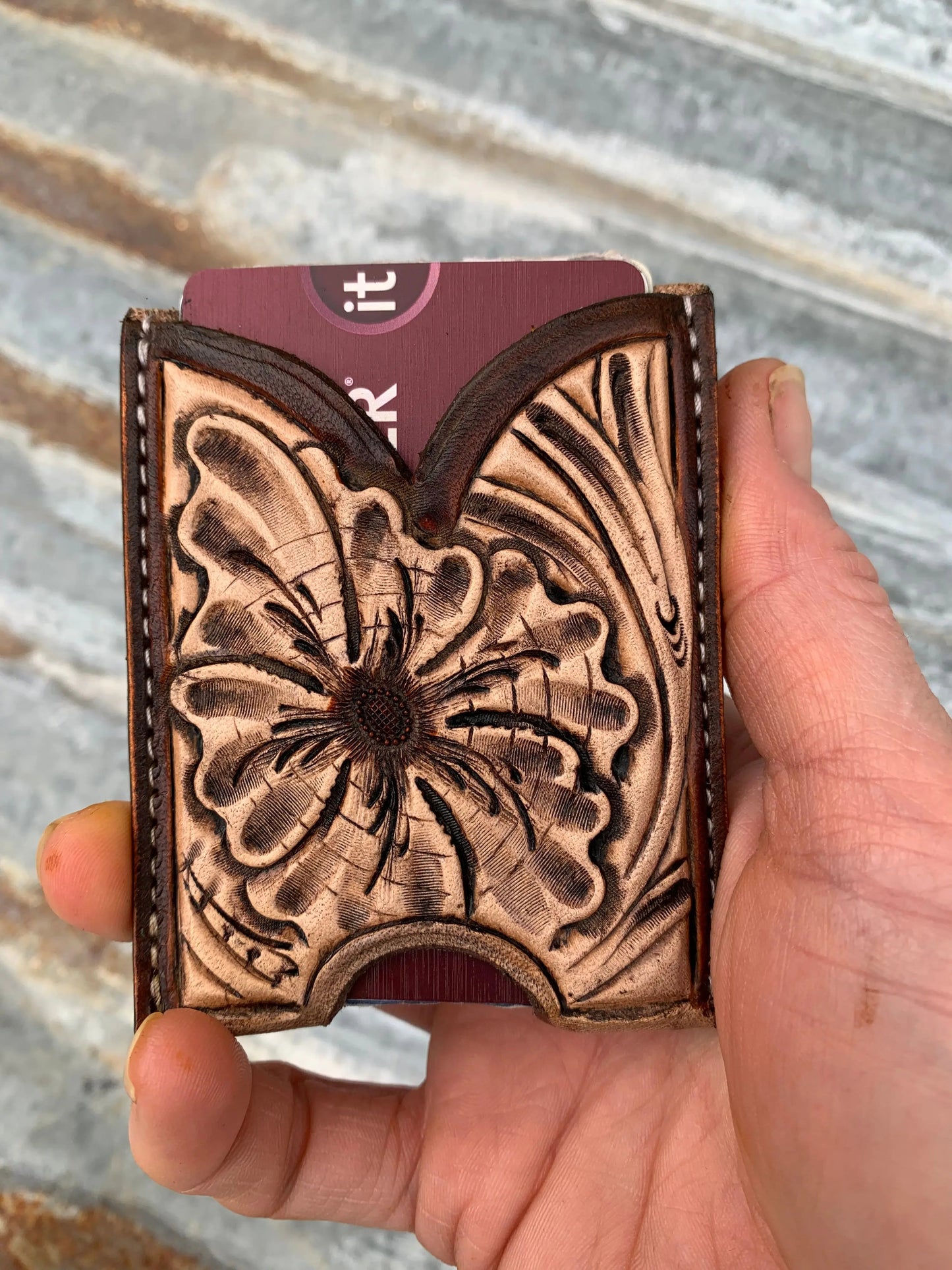 Front Pocket Hand Tooled Leather Wallet with a Sheridan Flower