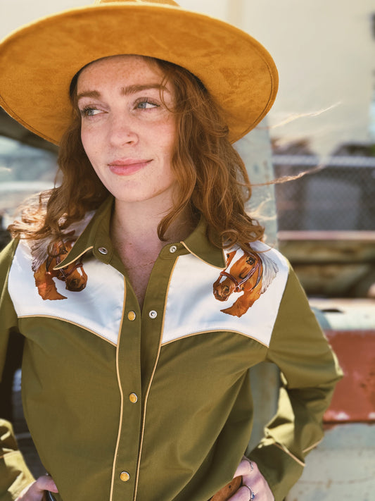 Back in the Saddle Again Horse Pearl Snap Button Up Blouse