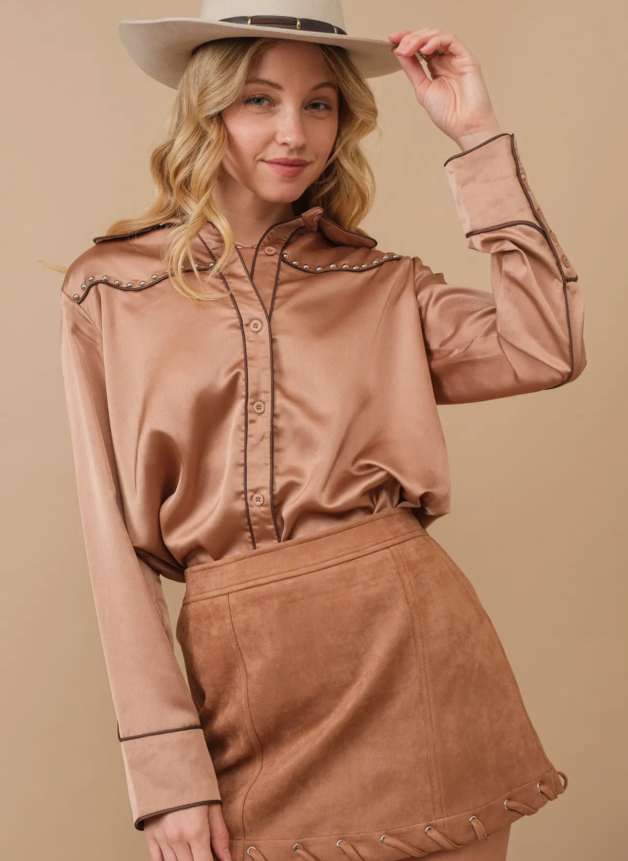 Satin Tan Western Contrast Piping Detail Studded Shirt Blouse