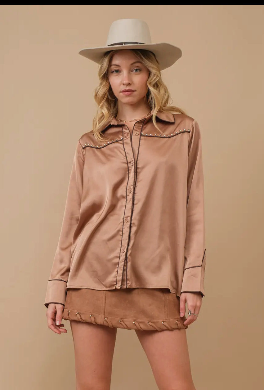 Satin Tan Western Contrast Piping Detail Studded Shirt Blouse