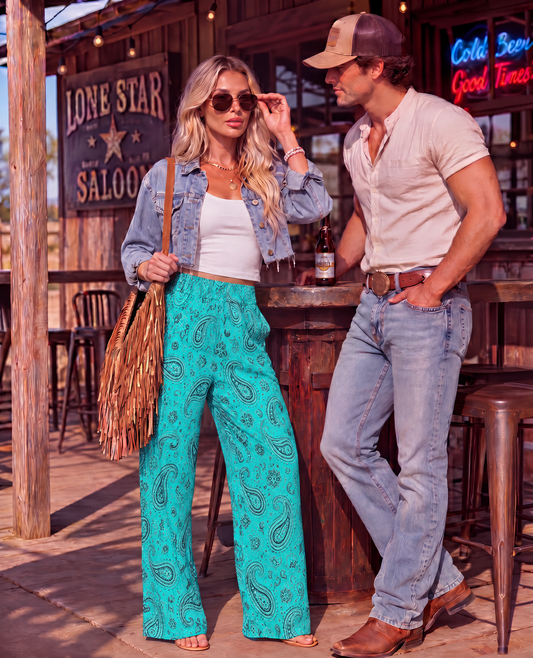 Baha Ranch Turquoise Paisley Bandana Wide Leg Pants