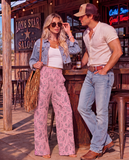 Baha Ranch Pale Pink with Gray Paisley Bandana Wide Leg Pants