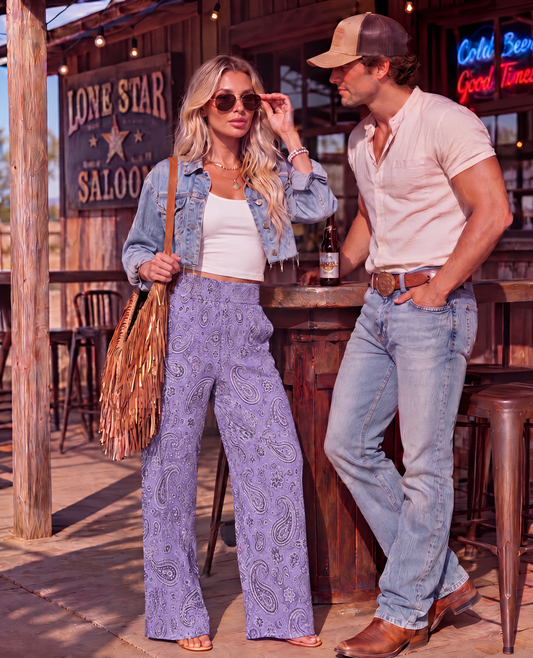 Baha Ranch Lavender Paisley Bandana Wide Leg Pants