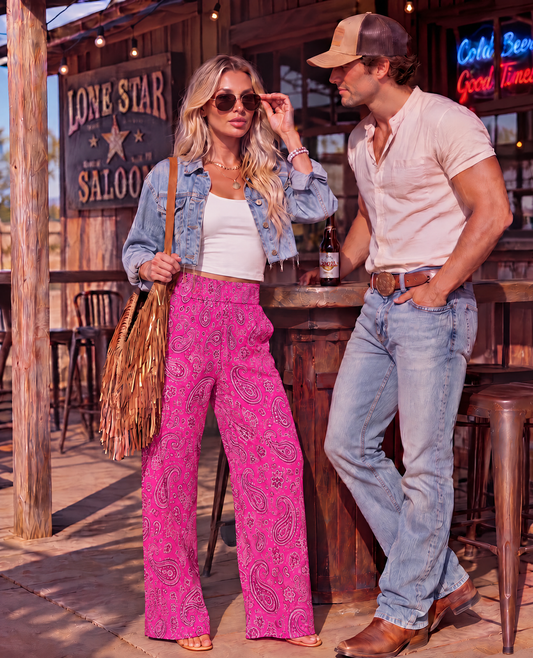 Baha Ranch Pink Paisley Bandana Wide Leg Pants