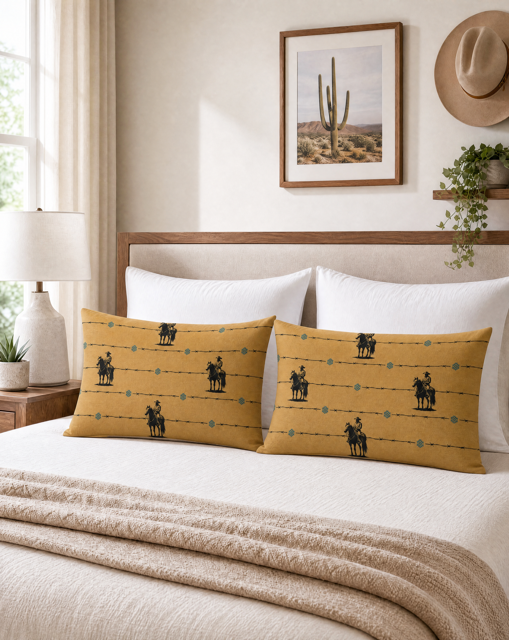 Bedroom with yellow pillows featuring horse patterns, white bedding, and a framed picture on the wall.