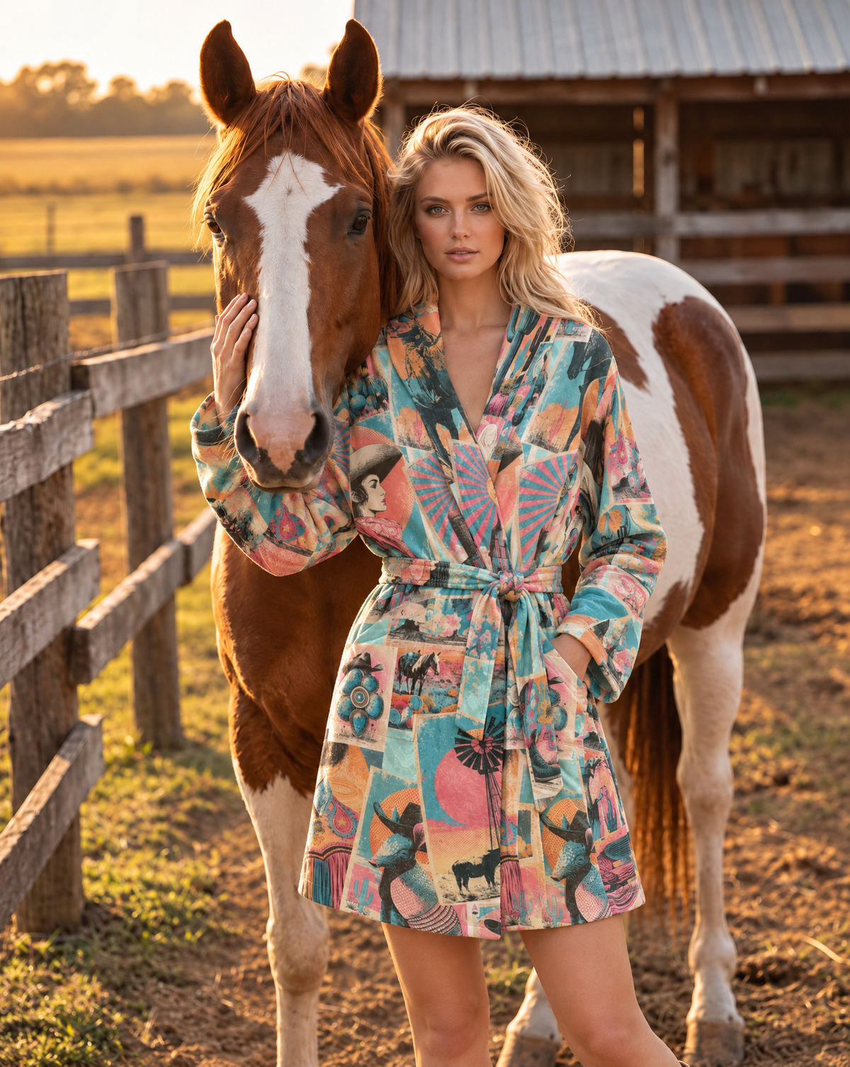 A woman wearing a colorful, patterned robe stands outdoors next to a brown and white horse in a sunlit paddock with a wooden fence and barn in the background.