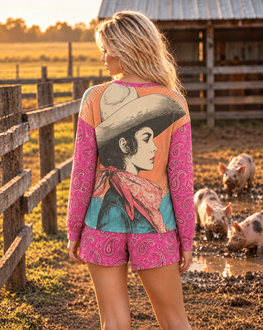 Baha Ranch Ranch Queen Western Long Sleeve Top & Shorts Pajama Lounge Set