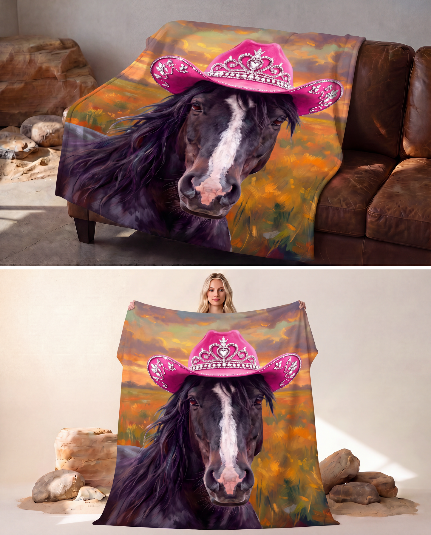 Rhinestone Cowgirl Horse Ultra Soft Minky FleeceThrow Blanket 60" x 80" Made in America