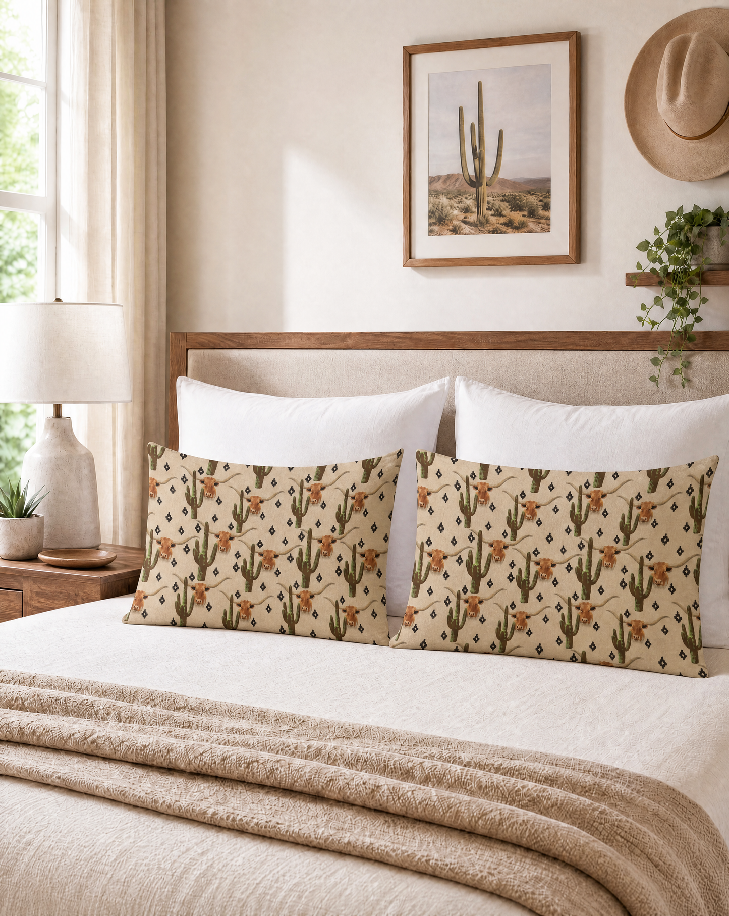 Bedroom with a bed featuring cactus-patterned pillows, a lamp, and a framed picture on the wall.